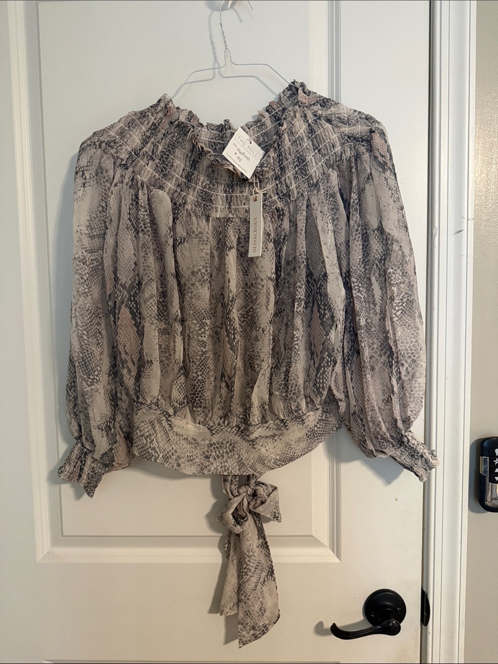 Olivaceous Neutral Snake-Print Smocked Tie-Front Blouse